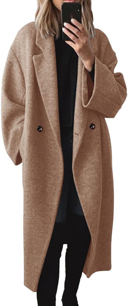 SAUKOLE Womens Winter Pea Coat Notch Lapel Double Breasted Wool Blend Oversized Overcoat with Pockets
