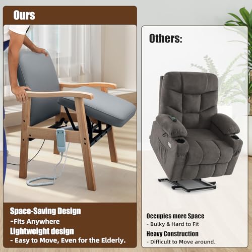 Image of EasyVibe Motorized Stand Up Armchair for Small Spaces - Electric Lift Seat for Seniors, Solid Oak & Gray Leather, Sturdy Steel Core, 280 lbs Capacity, Slate Gray
