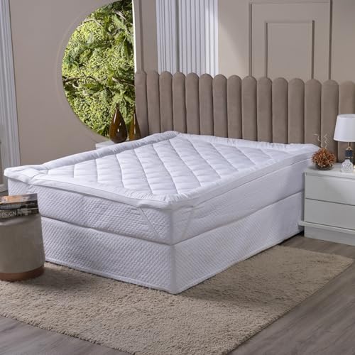 Pillow Top Casal 400 Fios Enchimento Grosso de 600gsn 5cm de Altura Com Elástico nos 4 Cantos Tecido Respirável Antiácaro Lavável em Maquina - Lavagem Normal - Premium Hotel 5 Estrelas (Branco, Casal)