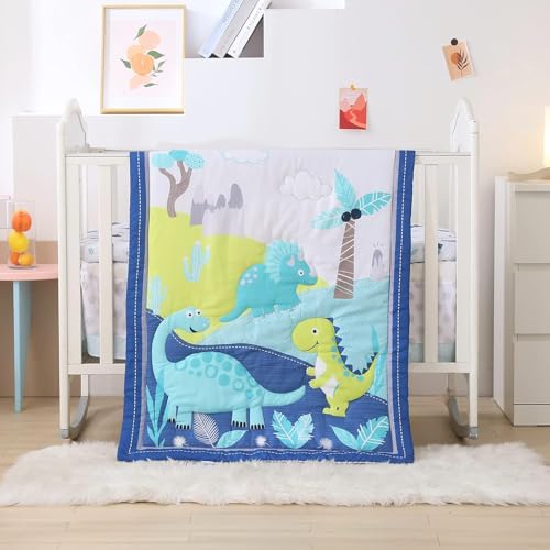 Image of Wowelife Dinosaur Crib Bedding Set for Boys Blue, Premium 3-Piece Baby Bedding Set, Nursery Crib Set, Newborn, Infant & Toddler Nursery Bed Set, Blue Dinosaur