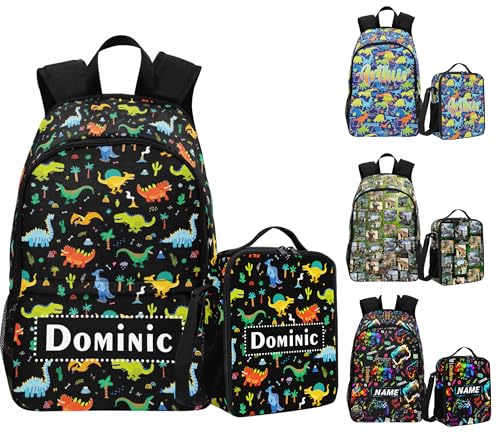 Custom Dinosaur Backpack for Boys Girls Personalized Backpack for Elementary Middle School with Name/Text Customized Back to School Bags for Kids Ages 5-12 with Lunch Box and Pencil Case