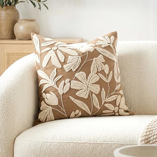 BlissBlush 20x20 Throw Pillow Cover, Square Brown Decorative Cushion Cover for Couch Sofa, Embroidered Velvet Farmhouse Accent Pillowcase (Cover Only)