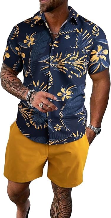 Men's Hawaiian 2 Piece Outfits Vacation Beach Print Short Sleeve Button Down Shirt and Shorts Set Party Holiday