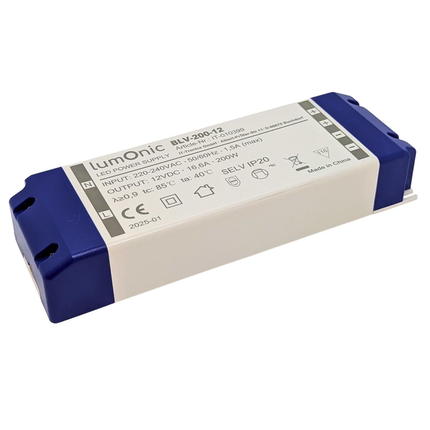 Lumonic I Transformateur LED BLV-200-12 I 12V 200W I Input 220-230VAC I sans Scintillement I Protection Contre Les surcharges I Bloc d'alimentation LED I pour l'éclairage LED