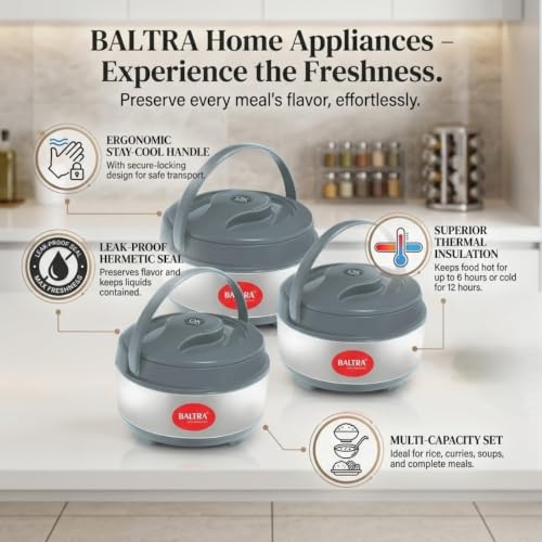 Image of BALTRA Inner Stainless Steel Casserole Set with Lid for Roti /Chapati (1000ml, 1500ml, 2000ml) | Insulated Hot Pot for Hot Meal /Chapati /Curry Set /Biryani | Serving Bowl with Lid (Cherish Set of 3)