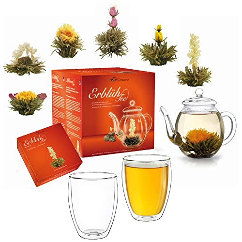 Creano Teeblumen Mix - Geschenkset Erblühtee mit Glaskanne & 2x 250ml Thermogläser - Weißer Tee (in 6 Sorten)
