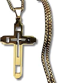 Colar Masculino com Crucifixo "Vigente" em Aço Inoxidável – Banhado a Ouro 18k – Fé Cristã, Estilo Discreto e Elegante – Corrente de 60cm – Acompanha Bolsa de Veludo