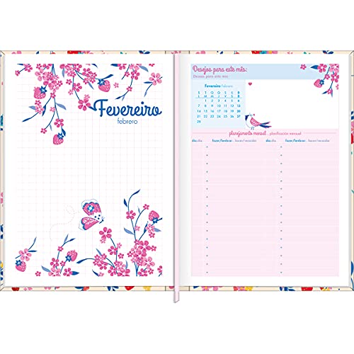 Agenda Costurada Diária 12,3 x 16,6 cm Charme 2022 - Estampa Pássaros e flores fundo branco - Tilibr