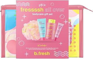 b.fresh Body Care Gift Set | Fressssh All Over - Self Care Kit Includes Travel Size Body Wash, Firming Body Serum, and Full Size Loofah with Hydrating Lip Serum