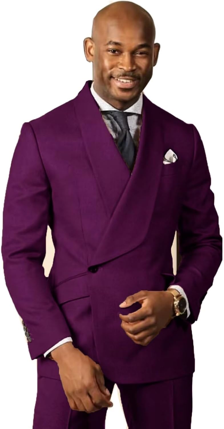 Mens One Button Suits Shawl Lapel 2 Piece Set Jacket Pants Wedding Prom Groom Tuxedos Male Suit