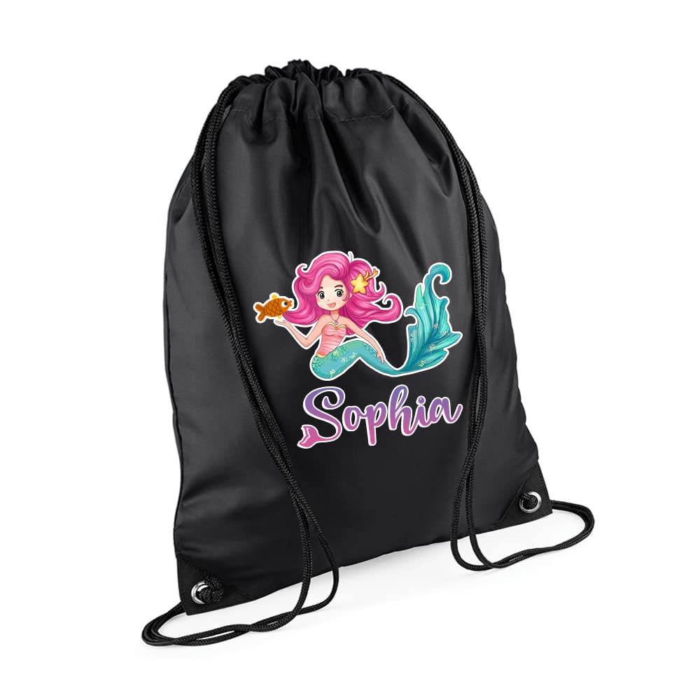 Mermaid Girl Gift Bag Personalised Backpack Mermaid Bag Gift for Kids-Girl Toddlers Birthday Girl Drawstring Bag, PE Gym Kit Swimming, Sport Rucksack. (Black)