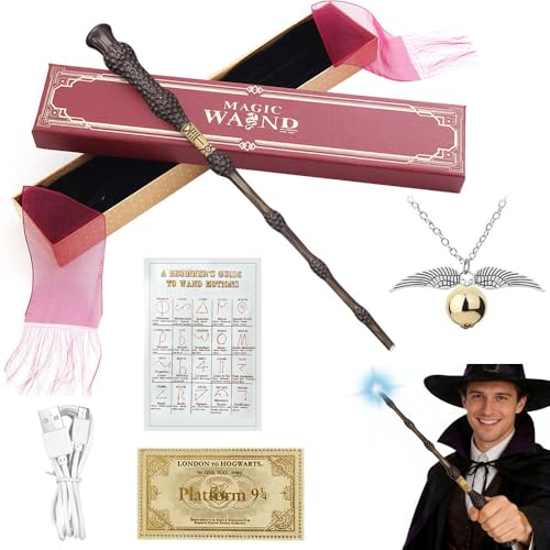 Dumbledore Wand 38CM Dumbledore Magic Wand Light Up USB Charging Glow Magic Wand Hand Carved Wands in Gift Box Spell Card Station Ticket and Necklace