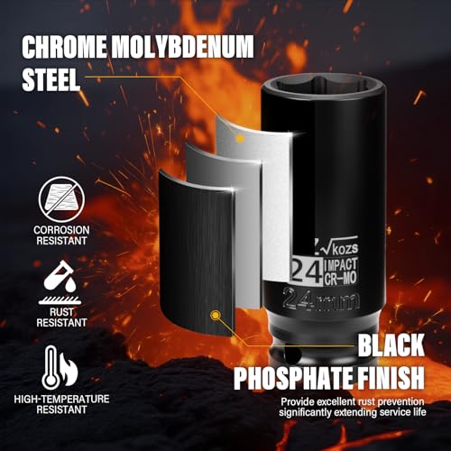 Image of 1 /2 Inch Drive 24mm Deep Metric Impact Socket,CR-MO,6 Point Radius Corner Design,Square Chamfered Opening,Axle Nut Impact Grade Socket for Easy Removal