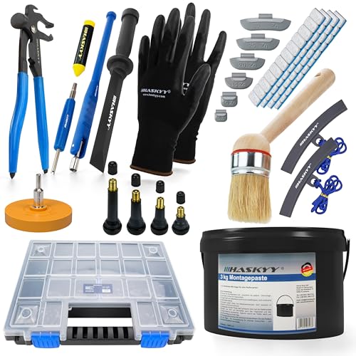 HASKYY Kit de 336 pièces de pâte de montage pour pneus - Noir - Poids adhésifs d'équilibrage - Valves en caoutchouc - Kit d'outils - Gomme - Tournevis de valve - Pinceau
