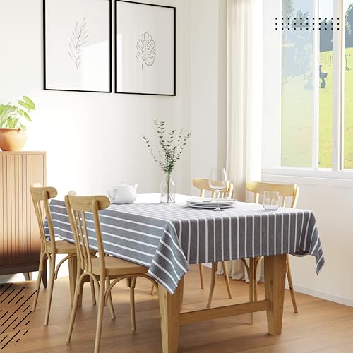 Image of Encasa XO Cotton Rectangular Table Cloth for 4 to 6 Seater | (140x180 cm) | Roma Grey Stripes | Dining Tablecloth for Decoration