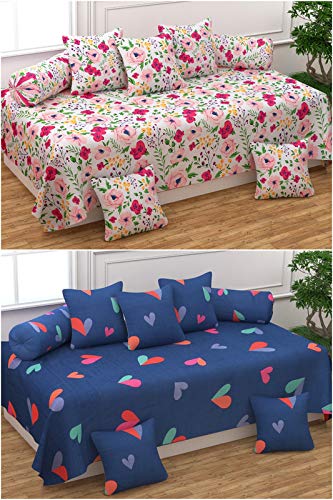 MANIQATEX Polycotton 5D Printed 8 Piece Diwan Set Combo - Multicolour (2 Diwan Bedsheet- 225 cm x 150 cm, 10 Cushion Covers - 40 cm x 40 cm , 4 Bolster Covers - 41 cm x 81 cm)
