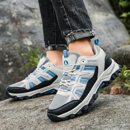 ASOCO DREAM Wanderschuhe Herren Damen Trekkingschuhe Leicht Outdoorschuhe Atmungsaktiv Bergschuhe Wanderhalbschuhe,Beige Blau,41 EU