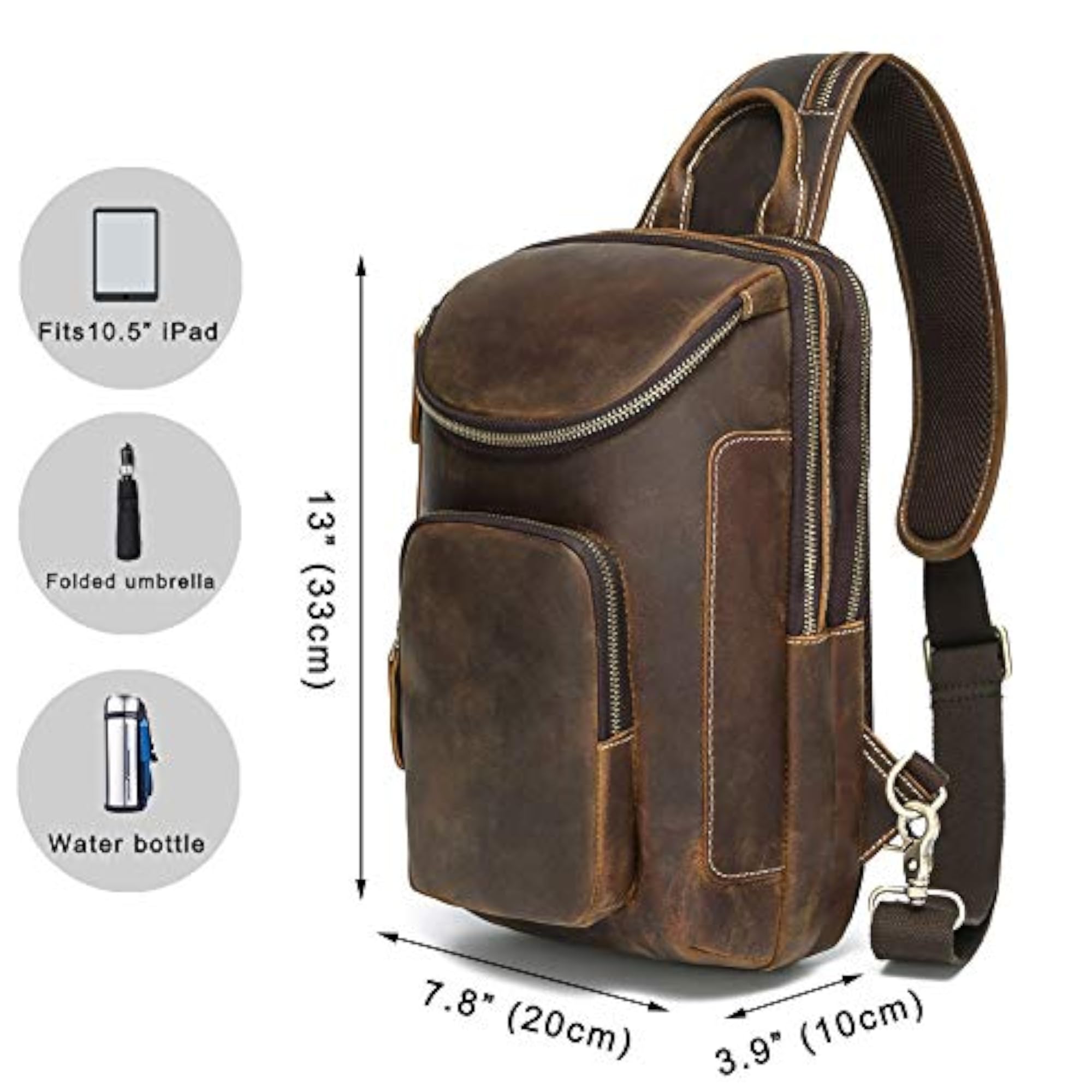 Vintage Full Grain Leather Sling Bag Crossbody Chest Daypack
