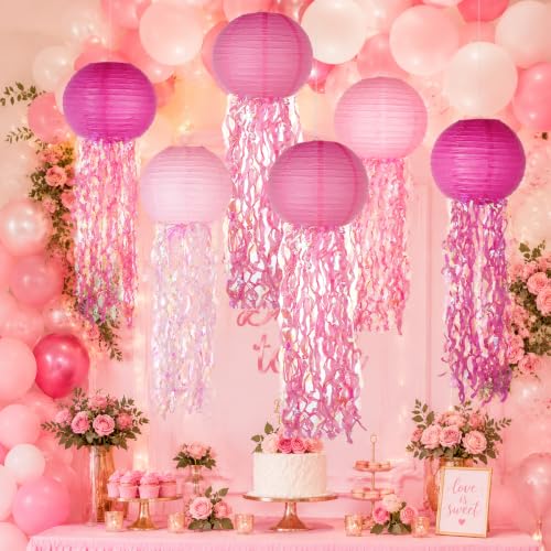 Image of Set of 6 Hanging Jellyfish Paper Lanterns Blue Jellyfish Decor for The Sea Ocean Party, Mermaid Birthday Decoration, Baby Shower, Nautical Events(Glitter Pink)