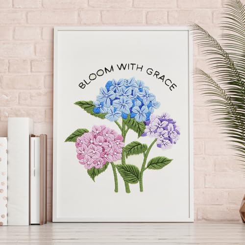Image of Nuberlic Hydrangea Embroidery Kits for Beginner Adults Cross Stitch Kit with Stamped Pattern Include Cloth Hoops Threads Needles