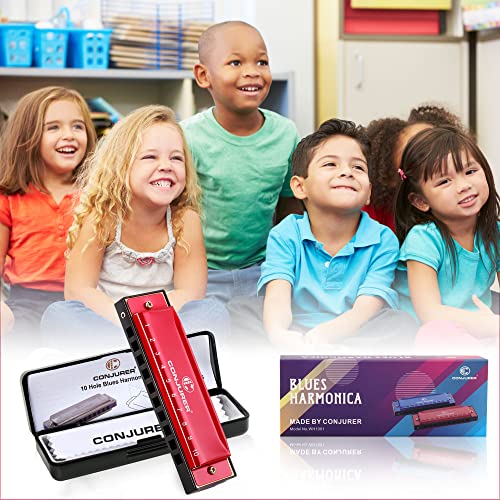 Conjurer Blues Harmonica For Kids Adult Beginners 10 Hole Diatonic Harmonica Key Of C, Metal Mouth Organ C Key Brass Reed Blues Harp With Case thumb #7