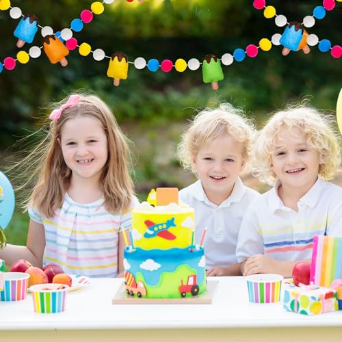 Image of FYSUIMU 8.2 Ft Summer Ice Pop Felt Banner Colored Popsicle Pom Pom Ball Pre-Strung Banner Ice Cream Hanging Garland Ornament for Party Home Classroom Wall