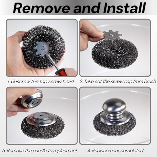 Image of 4Pcs Steel Wool Scrubber,Stainless Steel Scrubber,Metal Scrubber,Steel Scrubber for Dishes,Stainless Steel Wool Scrubber with Handle, for CleaningKitchen Pots, Pans, Stove Sinks,(2 Scrubber+2 Pads)
