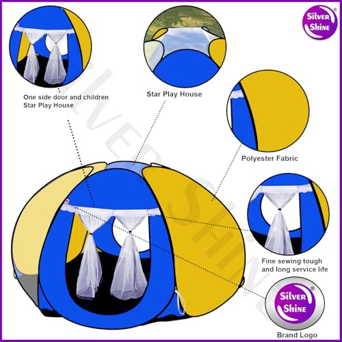 Image of SILVER SHINE Foldable Delightful Patterns Popup Kids Play Tent House For Multi Purpose|Playtent House For Up To 10 Yearold |Mosquito Net Design Tent For Kids|Multicolor,Tent House Theme(Multi Star)