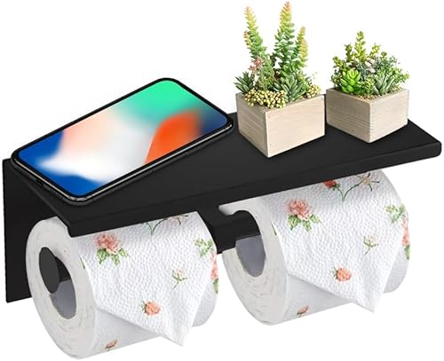 SUNTAI Soporte doble para papel higiénico con estante para teléfono, soporte moderno de acero inoxidable 304 para papel higiénico montado en la