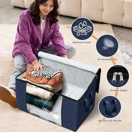 Image of Fab totes 24 Gallons Clothes Storage,Foldable Thick Fabric Blanket Storage Bags,Containers for Organizing Bedroom, Closet, Clothing, Comforter,Organization with Handle (6 Pack,Blue)