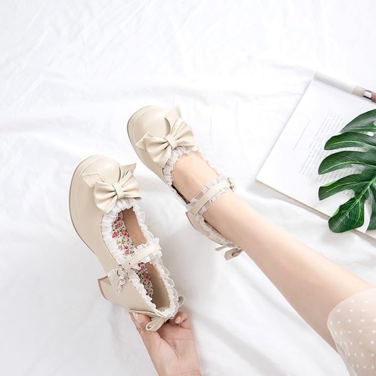 ZQW Cute Mary Jane Heels for Women Round Toe Low Block Heel Platform Bow Lace Plus Size Sweet Lolita Casual Wedding Prom Party Shoes2