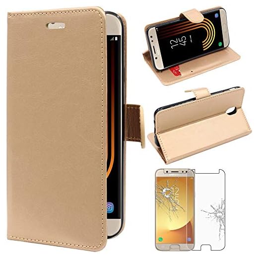 ebestStar - Coque Compatible avec Samsung J5 2017 Galaxy SM-J530F Etui PU Cuir Housse Portefeuille Porte-Cartes Support, Or/Doré +Film Protection Verre Trempé [Appareil: 146.2 x 71.3 x 7.9mm, 5.2'']