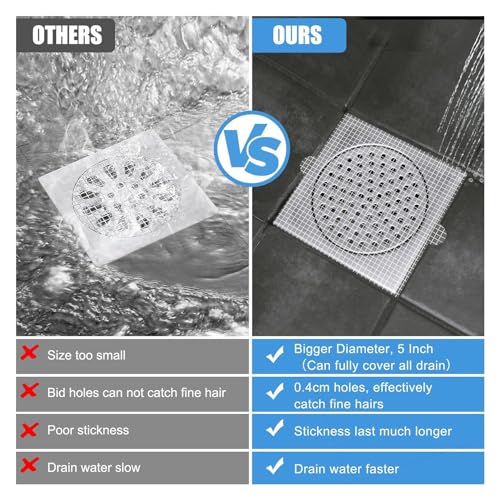 Adhesivos desechables para tapones de drenaje, malla adhesiva para evitar obstrucciones en desagües de bañera, ducha y fregadero, paquete de 50 piezas, fibra de vidrio miniatura 3