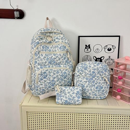 Coquette Backpack - Floral Print Backpack for Women Cute Kawaii Backpack Set 3 Pcs Quilted Daypack with Small Crossbody Bag (purple)2