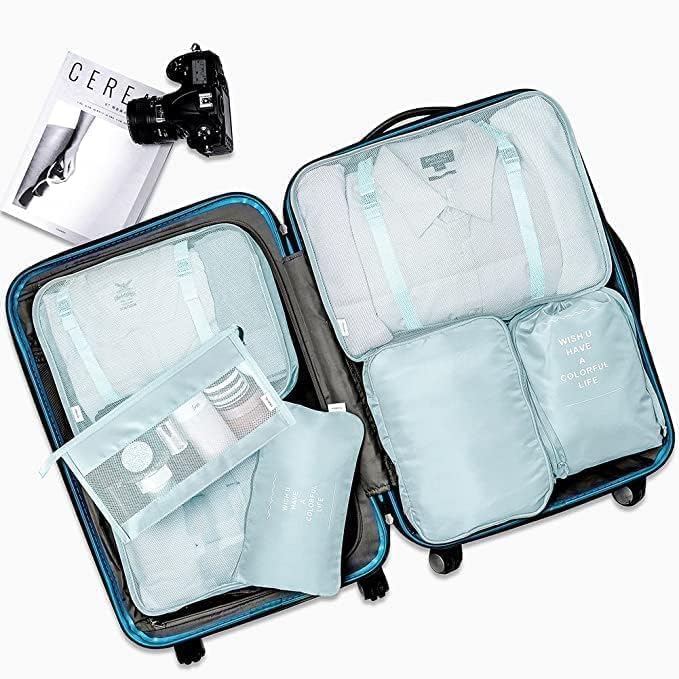 GOPINATH ECOM 7 in 1 Travel Organizer Bag Set Polyester Packing Cubes Luggage Makeup Toiletry Shoe Laundry Bag Lightweight Space Saving Sky Blue 4