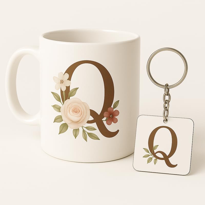 Image of Letter Q Mug and Keychain Set - Elegant Floral Monogram Gift for Her /Him - Coffee Cup and Key Ring with Initial Q - Coffee Mug for Everyone Any Occasion 4646 17