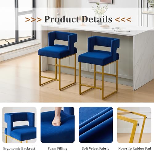Image of Counter Height Bar Stools Set of 4, Blue Velvet Bar Chair Gold Leg | 26 inch Seat Height Fits Standard Kitchen Islands, Upholstered Barstools, Back Support, Square Metal Legs, Footrest