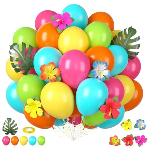 Tropical Balloons 12 Inch Hawaiian Balloons with Jungle Leaves Flowers Multicolor Fruit Green Teal Blue Hot Pink Orange Yellow Latex Balloons for Birthday Baby Shower Luau Summer Pool Party Decor