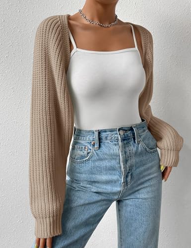 Image of Women's Long Sleeve Open Front Knitted Crop Cardigan Drop Shoulder Knit Bolero Shrug Sweater