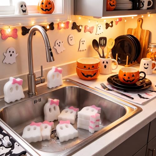Image of Tioncy 12 Pack Pink Bow Ghost Kitchen Sponges Bulk Dual Sided Scrubber Ghost Sponges Reuseble Non Scratch Dishwashing Kitchen Cleaning Accessories for Cookware Pot Boiler Pan Household