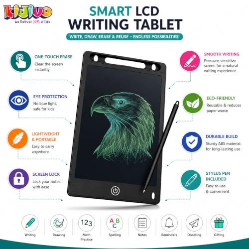 Image of Kidivo 8.5 Inch LCD Writing Tablet for Kids |Electronic Writing Pad Digital Slate Drawing & Learning Board with Stylus Pen,Reusable Paperless E-Note Pad|One-Touch Erase Writing Tablet |Black, Set of 1