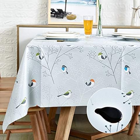 Square Vinyl Oilcloth Tablecloth Water Resistant/Oil-proof Wipeable PVC Heavy Duty Plastic Tablecloths for Kitchen Small - Bird Silver Grey 54 x 54 Inch Cover