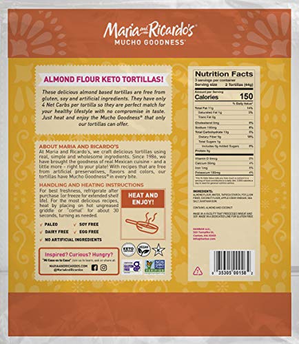 Maria & Ricardo's Keto Tortillas | Almond Sea Salt | Low Carb | Grain Free | Paleo | Non Gmo | Vegan | Gluten Free | Keto Certified Tortilla Wraps. (4 Pack, 6 Tortillas Per Pack) #TOP7