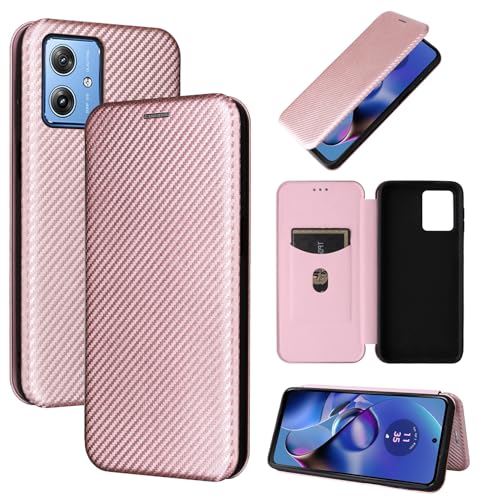 Coque Moto G54 5G à rabat en fibre de carbone et PC rose