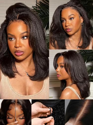 Image of Sunber Bye Bye Knots Yaki Straight Bob Human Hair Wigs Pre Cut 7x5 HD Lace Front Glueless Wig with Elastic Drawstring Put and Go Pre Plucked Bleached Invisible Knots Pre Everything Yaki Bob 14Inch