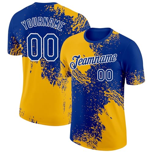 Custom Mens Womens Baseball Style T-Shirts with Printed Name Number Logo, Casual Royal Blue Yellow...