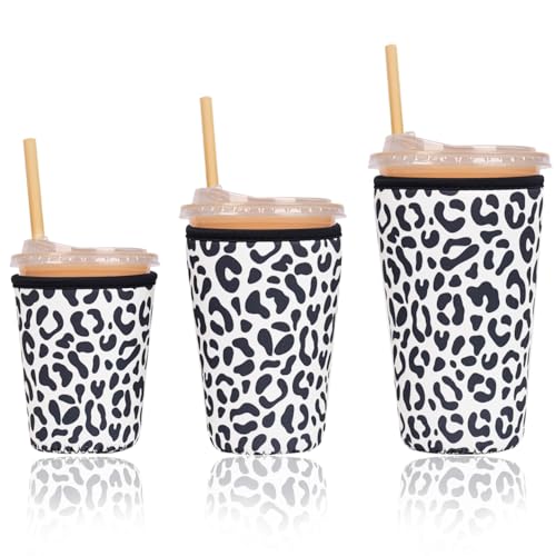 Image of Reusable Insulated Sleeve for Iced Coffee Cup, 3-Pack Coffee Neoprene Drink Sleeve for Cold & Hot Drinks, Beverage Holder for Iced Coffee (Leopard Chic)