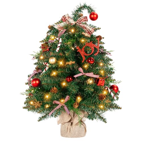 NALONE 24 Inch Mini Christmas Tree with Lights and Timer, Tabletop Christmas Tree with 32 Pcs Balls and Ornaments, Artificial Small Xmas Tree with Pine Cones
