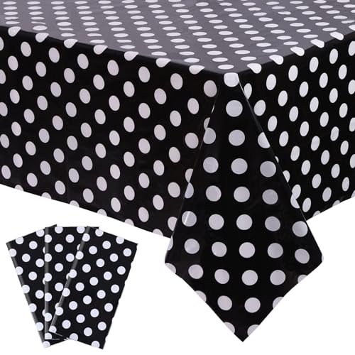 Image of Kesfey 3 Packs Black Polka Dot Plastic Table Cloth 54x108 Inch Black and White Dots Mini Mouse Tablecloths Disposable Black Waterproof Picnic Table Covers for Rectangle Tables Birthday Party Supplies