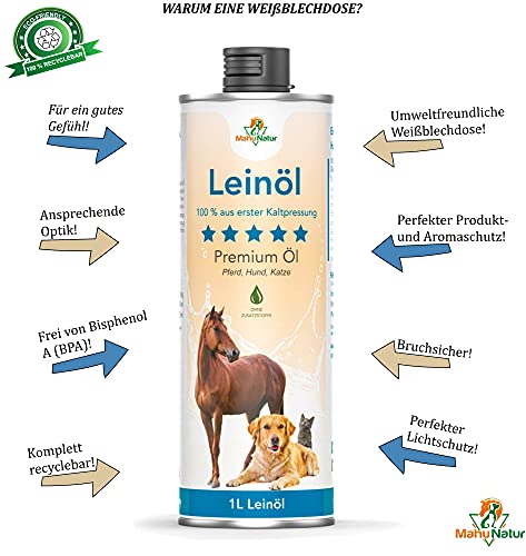 Mahu Natur Leinöl Für Hunde 1 Liter - Barföl Nativ Mit Omega 3 & 6 Fettsäuren - Leinöl Pferde, Hunde & Katzen Natürlicher Futterzusatz Zum Barfen - 1000ml Leinsamenöl In Recyclebarer Dose